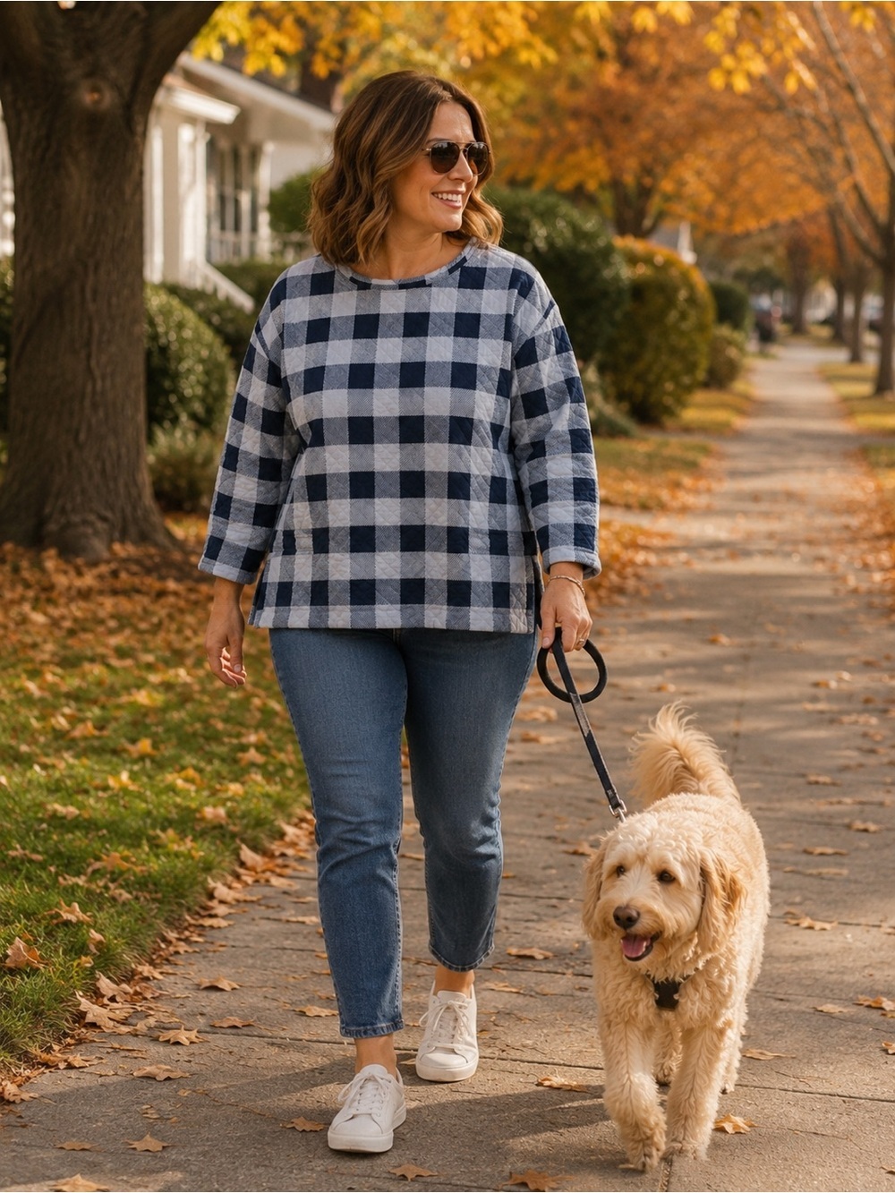 Lands’ End Quilted Buffalo Check Patchwork Top 3/4 Sleeve Blue Gray Size M women